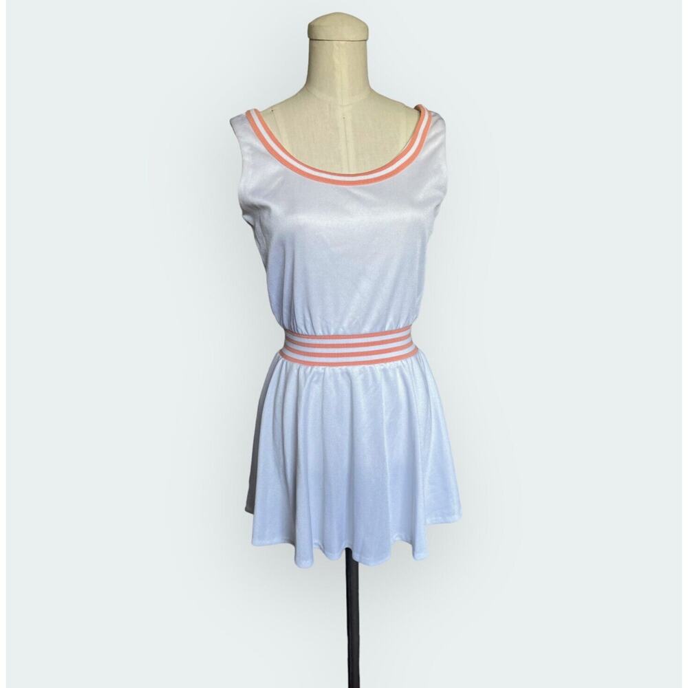 Vintage 1970s Loom Togs White Tennis Mini Dress Peach Sport Stripe Tank Stretch